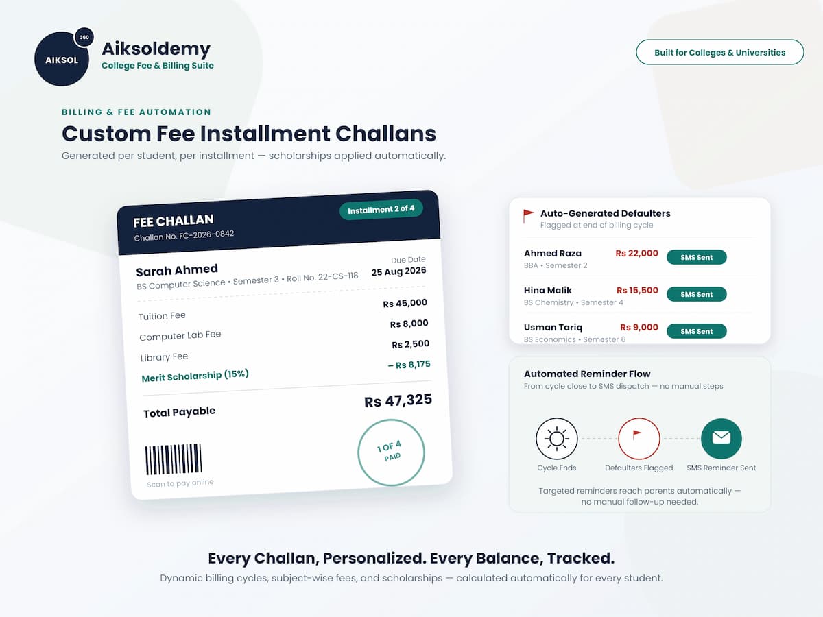 Generation of custom fee installment challans for college students.